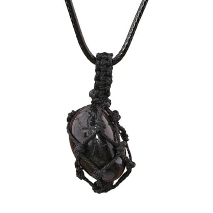 Crystal Tumbled Stone Pendant Necklace for Women Knotted Net Bag Leather Necklace Yoga Meditation Jewelry Gifts - color: Black Tourmaline