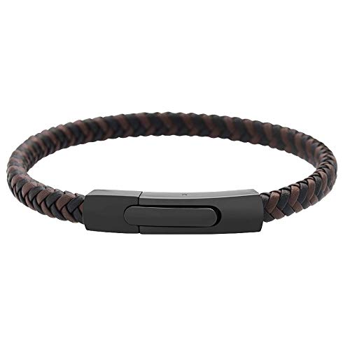 Geoffrey Beene Men's Braided Genuine Leather Fashion Bangle Bracelet with Stainless Steel Clasp - color: Brown