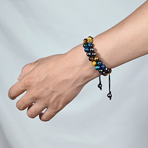 Triple Protection Bracelet Natural Black Obsidian Tigers Eye Hematite Beads Crystal Bracelet Healing Bracelets for Men Women Bring Prosperity Luck and Health - color: Yellow Blue