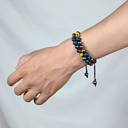 Triple Protection Bracelet Natural Black Obsidian Tigers Eye Hematite Beads Crystal Bracelet Healing Bracelets for Men Women Bring Prosperity Luck and Health - color: Yellow Blue