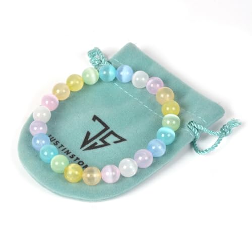 Justinstones Gem Semi Precious Gemstone 8mm Round Beads Stretch Bracelet 7 Inch Unisex - color: Colorful Cat's Eye Glass
