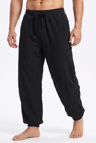 perdontoo Mens Casual Cotton Linen Pant Elastic Waist Drawstring Yoga Jogger Pants - color: Black, size: Medium