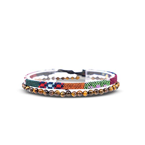 Made by Nami 2 Pcs Boho Surfer Bracelets for Men and Women Waterproof and Adjustable Beach Bracelets for Men and Women Set of 2 Beaded & Braided - color: Tiger-Eyes & Ethno