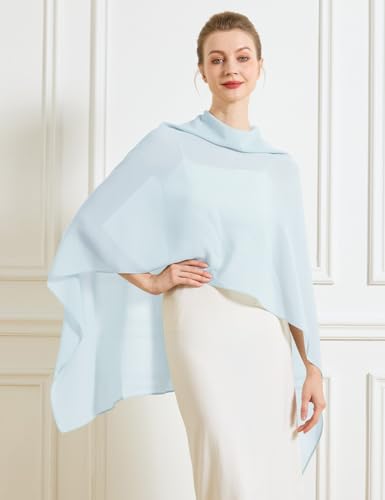 Chiffon Cape Shawl Wrap Scarf 3 Ways to Wear Elegant Sheer Capelet for Evening Dresses Weddings Parties - color: Baby Blue
