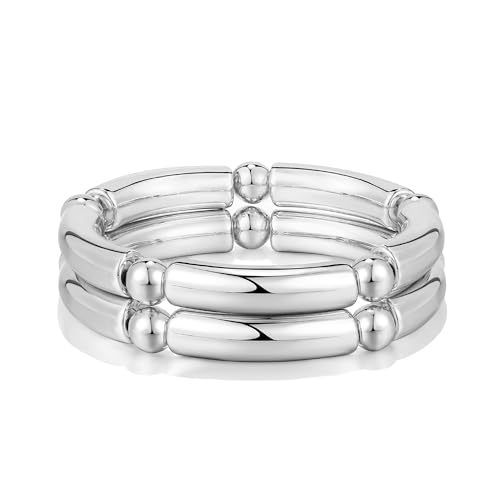 Gold Chunky Bangles Bracelets For Women 14k Gold Plated Stack Layered Curved Bamboo Tube Stretch Bracelets Gift Jewelry - color: 2pcs Silver-8mm