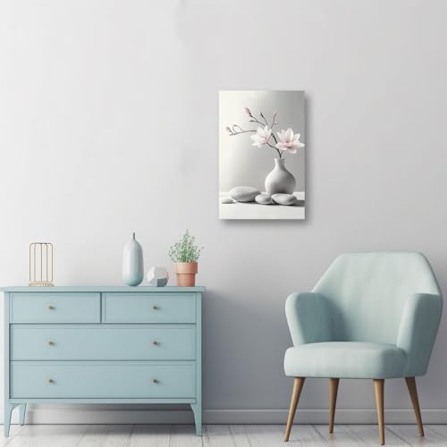 CCWACPP Zen Wall Art Magnolia Canvas Print Zen Stone Pictures Spa Painting Poster Meditation Spirit Bathroom Yoga Room Office Decor Framed (12.00" x 18.00") - size: 18"L x 12"W