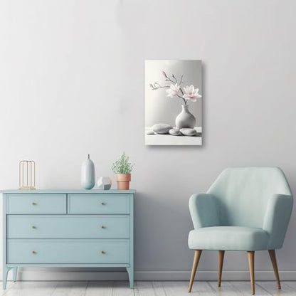 CCWACPP Zen Wall Art Magnolia Canvas Print Zen Stone Pictures Spa Painting Poster Meditation Spirit Bathroom Yoga Room Office Decor Framed (12.00" x 18.00") - size: 18"L x 12"W