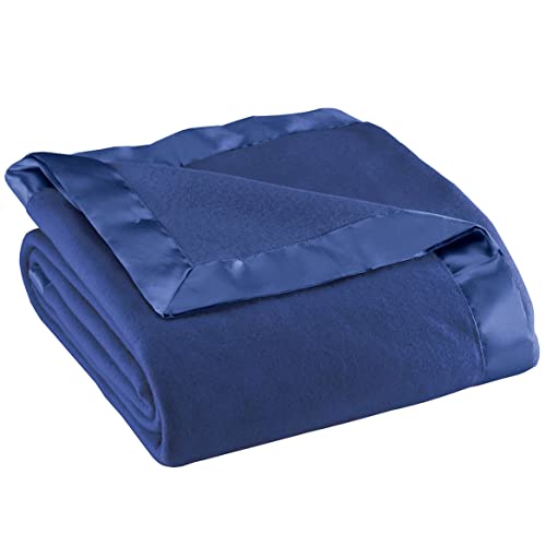 OakRidge Satin Fleece Blanket, Full/Queen, Twin or King Size – 100% Polyester Lightweight Fabric and Cozy Satin Binding Edges in Tightly Folding Travel Blanket, Navy Blue - color: Navy Blue, size: King