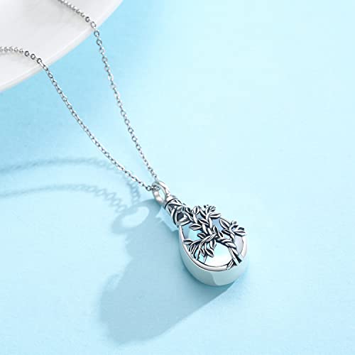 JUSTKIDSTOY Moonstone Urn Necklace for Ashes Sterling Silver Daisy/Rose/Tree Teardrop Pendant Necklace Cremation Jewelry Keepsake Memorial Gifts for Mother Grandma w/Funnel Filler - style: Tree