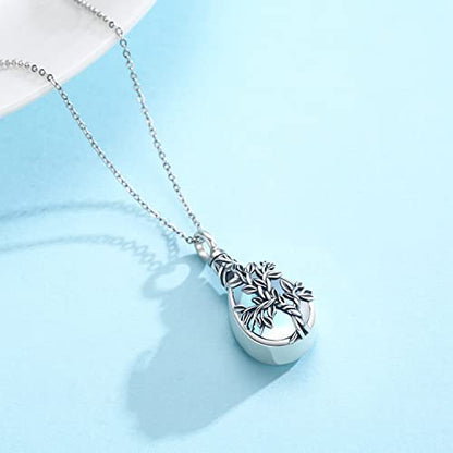 JUSTKIDSTOY Moonstone Urn Necklace for Ashes Sterling Silver Daisy/Rose/Tree Teardrop Pendant Necklace Cremation Jewelry Keepsake Memorial Gifts for Mother Grandma w/Funnel Filler - style: Tree