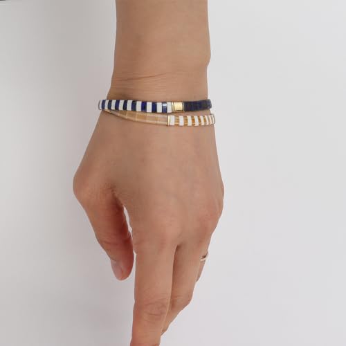 Tila Beaded Stretch Strand Bracelets for Women, Cute Boho Stackable Handmade Colorful Mixed Flat Square Beads Elastic Beach Surfer Bracelet Trendy Jewelry Friend Gift - color: 0901B