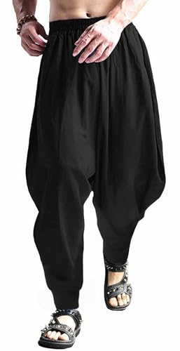 CLANMILUMS Men's Cotton Harem Pants Casual Loose Hippie Drop Crotch Trouser - color: Black1, size: X-Large