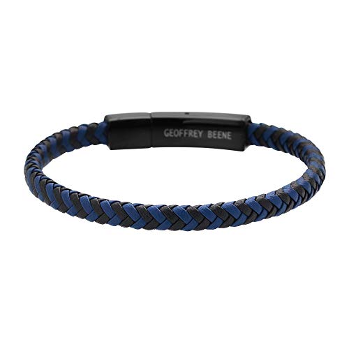 Geoffrey Beene Men's Braided Genuine Leather Fashion Bangle Bracelet with Stainless Steel Clasp - color: Blue