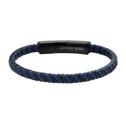 Geoffrey Beene Men's Braided Genuine Leather Fashion Bangle Bracelet with Stainless Steel Clasp - color: Blue
