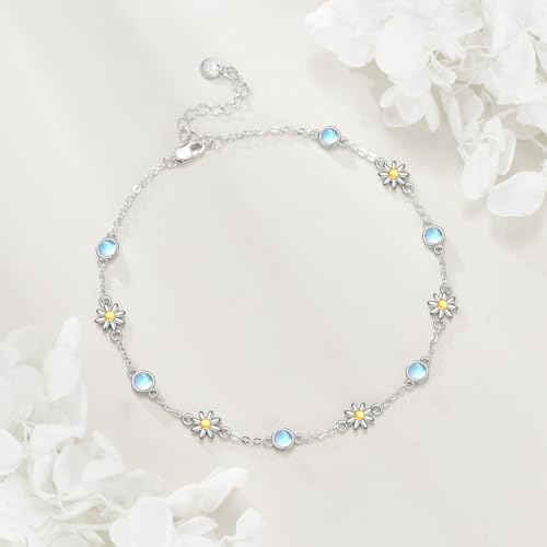 CRMAD 925 Sterling Silver Daisy/Sunflower Moonstone Anklet Daisy Flower Ankle Bracelet for Women Beach Dainty Jewelry - size: 9+2 inch, style: daisy