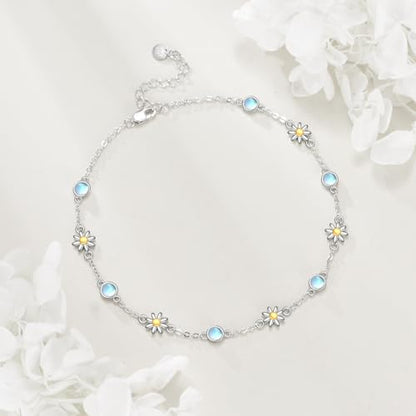 CRMAD 925 Sterling Silver Daisy/Sunflower Moonstone Anklet Daisy Flower Ankle Bracelet for Women Beach Dainty Jewelry - size: 9+2 inch, style: daisy