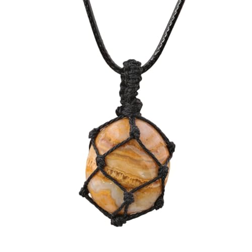Crystal Tumbled Stone Pendant Necklace for Women Knotted Net Bag Leather Necklace Yoga Meditation Jewelry Gifts - color: Crazy Agate