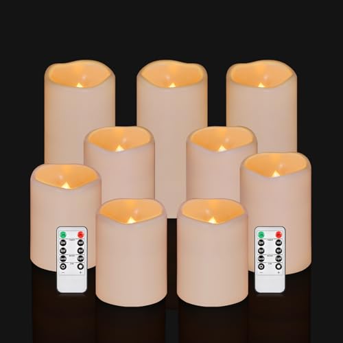 Flameless Candles 4" 5" 6" Outdoor Indoor Pillars Battery Operated Flickering Candles Include 10-Key Remote Timer 400+ Hours by 2 AA Batteries (Ivory Candle - Warm light, 3"D x 4"|5"|6" H - 9 Pack) - color: Ivory Candle - Warm light, size: 3"D x 4"|5"|6"