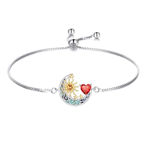 925 Sterling Silver Moon and Sun Star Adjustable Link Bracelet for Women with 12 Month Birthstone Birthday Jewelry - style: 01 - Jan.