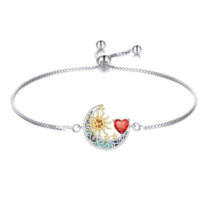 925 Sterling Silver Moon and Sun Star Adjustable Link Bracelet for Women with 12 Month Birthstone Birthday Jewelry - style: 01 - Jan.