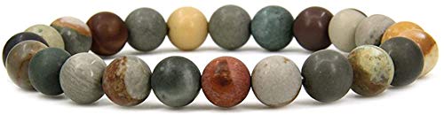 Angelstones Handmade Natural Healing Gemstone 8mm Round Beads Stretch Crystal Bracelet 7 Inch Unisex - color: Matt Polychrome Jasper