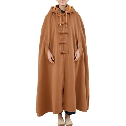 Meditation Buddhist Cloak Winter Double Layer Plush Maxi Hooded Trench Coat Oversize Button Down Prayer Robe - color: Brown, size: Small
