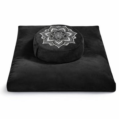 Meditation Cushion Set Zafu & Zabuton – Buckwheat Hull & Memory Foam, Adjustable Floor Pillow for Yoga, Meditation & Sitting, Removable Velvet Cover (Classic Black)