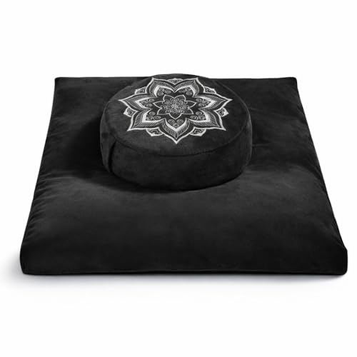 Meditation Cushion Set Zafu & Zabuton – Buckwheat Hull & Memory Foam, Adjustable Floor Pillow for Yoga, Meditation & Sitting, Removable Velvet Cover (Classic Black)