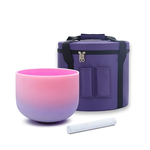 KVKA 8 inch F Note Rainbow Heart Chakra Pink-Puprle Color Frosted Quartz Crystal Singing Bowl with Carrying Case for Yoga Meditation and Sound Healing
