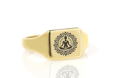 Mindfulness Signet Ring - Yoga Engraved Square Shaped Chakra Jewelry - Meditation Gift for Her