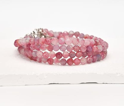 Crystal Bracelet for Women, Natural 4mm Faceted Beads Adjustable Bracelet, Small Beaded Healing Gemstone Bracelet - color: Pink Tourmaline