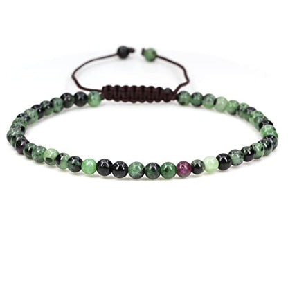 Keleny Natural Gemtones 4mm Round Beads Crystal Adjustable Braided Macrame Tassels Bracelets Unisex - color: Green Ruby in Zoisite