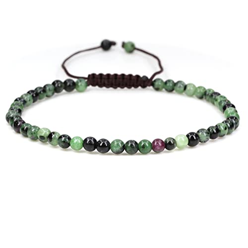 Keleny Natural Gemtones 4mm Round Beads Crystal Adjustable Braided Macrame Tassels Bracelets Unisex - color: Green Ruby in Zoisite