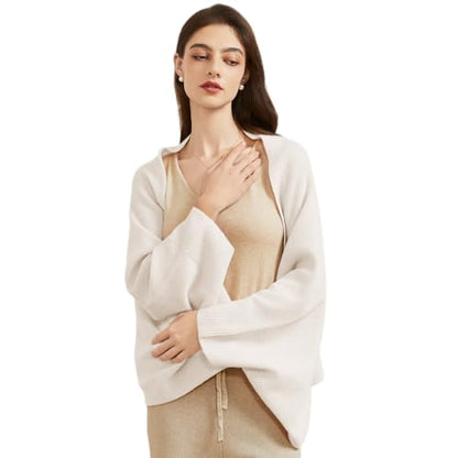 Huralona Women's Open Front Wool Shawl Wrap Scarf with Sleeves Outer Warm Knitted Poncho Cape Fall Winter - color: White