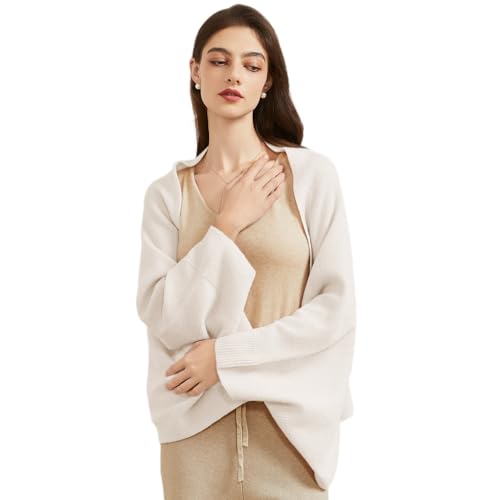 Huralona Women's Open Front Wool Shawl Wrap Scarf with Sleeves Outer Warm Knitted Poncho Cape Fall Winter - color: White