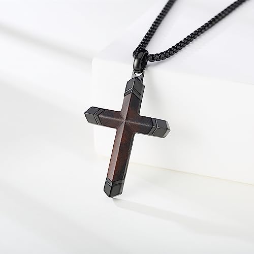 Wooden Cross Necklace for Men, Real Ebony Inset In Black Stainless Steel Christian Wood Crucifix Pendant, Adjustable Necklace 24+2" Box Chain - color: Ebony Cross Necklace