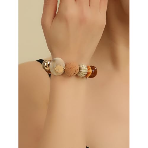 Multi Beaded Statement Bracelet Wooden Acrylic Beads Stretch Chunky Beads Bracelet for Wome Gift(BR-1215-Orange Mix)