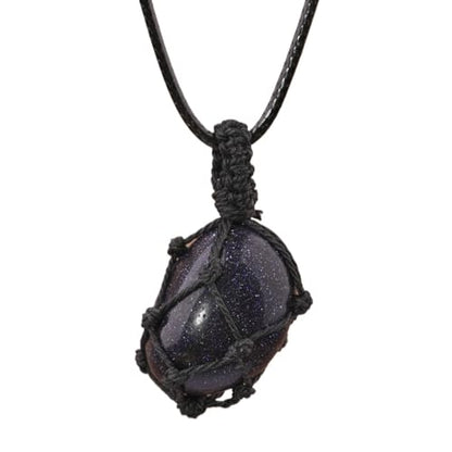 Crystal Tumbled Stone Pendant Necklace for Women Knotted Net Bag Leather Necklace Yoga Meditation Jewelry Gifts - color: Blue Goldstone