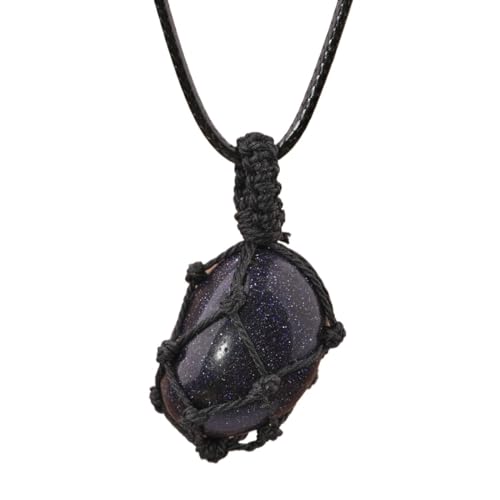 Crystal Tumbled Stone Pendant Necklace for Women Knotted Net Bag Leather Necklace Yoga Meditation Jewelry Gifts - color: Blue Goldstone