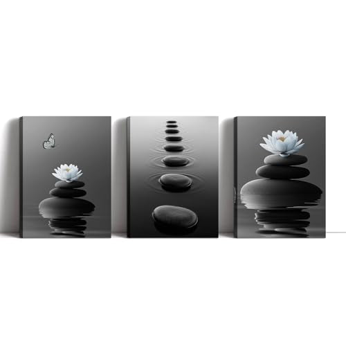 Lotus Wall Art 3 Panels Zen Decor Black and White Picture SPA Stones Painting Water Lily Canvas Prints Relax&Calm Posters for Bathroom Living Room Framed Artwork - 11"x14"x3P - color: A - Black and White, size: 11"x14"x3P