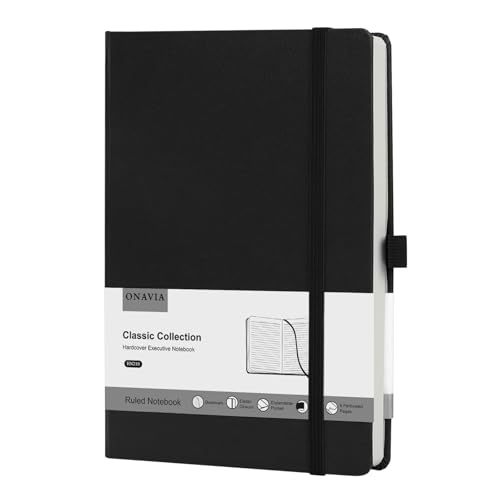 ONAVIA A5 Lined Journal Notebook, Hardcover Leather Medium 5.5 x 8.3 inch, 160 Pages 100 GSM Thick Paper, College Ruled Journaling Notepad for Work, School, College, Note Taking, Diary, Black - color: Black, style: 1 Pack