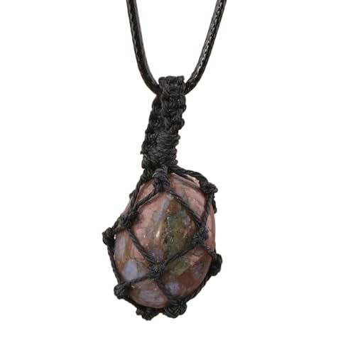Crystal Tumbled Stone Pendant Necklace for Women Knotted Net Bag Leather Necklace Yoga Meditation Jewelry Gifts - color: Firework Stone