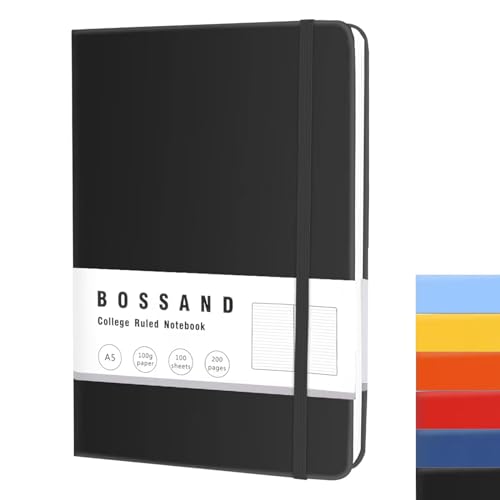 BOSSAND Lined Journal Notebook, A5 Journals for Writing, 200 Pages 100 GSM Thick Classic Ruled Paper, Hardcover, 8.25 inches x 5.75 inches, Black - color: Black - 1 Pack
