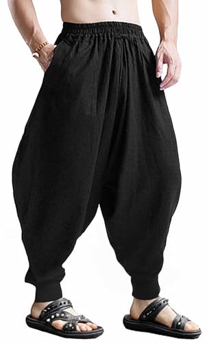 CLANMILUMS Men's Cotton Harem Pants Casual Loose Hippie Drop Crotch Trouser - color: Black1, size: 3X-Large