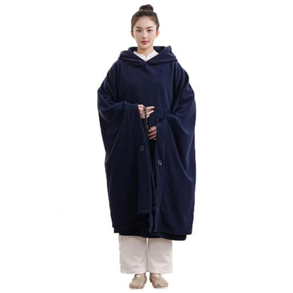 Unisex Meditation Buddhist Hooded Cloak Thickened Warm Loose Coat - color: Navy Blue, size: Large