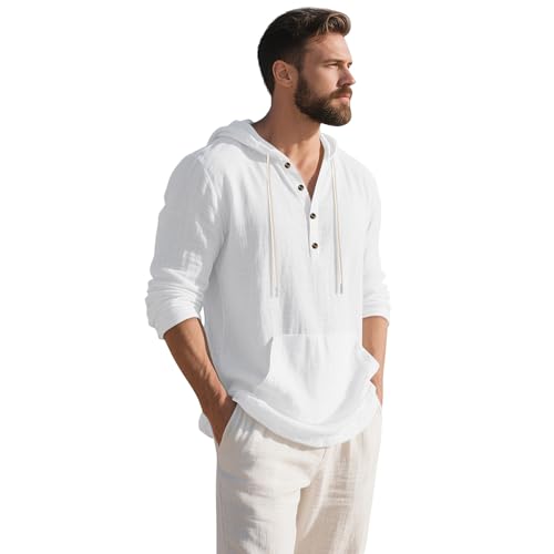 Men's Linen Hoodie Lightweight Hawaiian Shirt Casual Beach Shirt with Pockets - color: White
