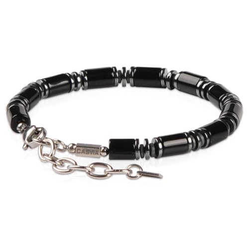 Men's Black Onyx Hematite Tube Beaded Link Bracelet, Handmade Thickened Adjustable Stainless Steel Chain, Stylish Mens Jewelry Gift for Dad, Husband, Son & Friend
