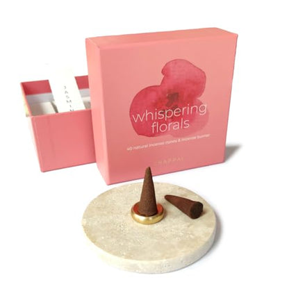 Whispering Florals Meditation Set – Floral Cone Incense with Travertine Brass Holder – Elegant Aromatic Gift Set for Relaxation, Meditation & Home Ambience