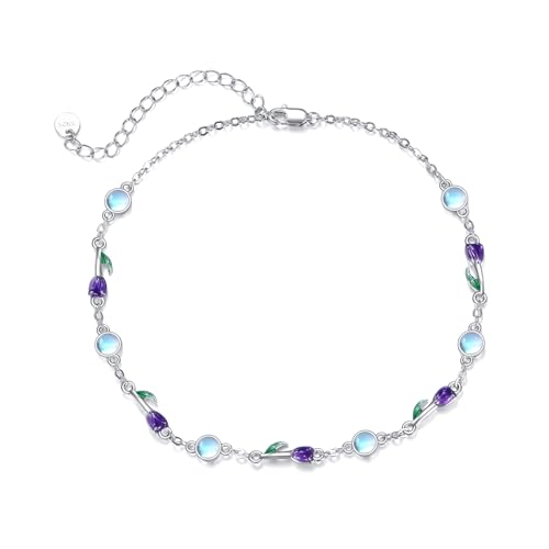 CRMAD 925 Sterling Silver Daisy/Sunflower Moonstone Anklet Daisy Flower Ankle Bracelet for Women Beach Dainty Jewelry - size: 7+2 inch, style: tulip