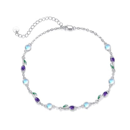 CRMAD 925 Sterling Silver Daisy/Sunflower Moonstone Anklet Daisy Flower Ankle Bracelet for Women Beach Dainty Jewelry - size: 9+2 inch, style: tulip